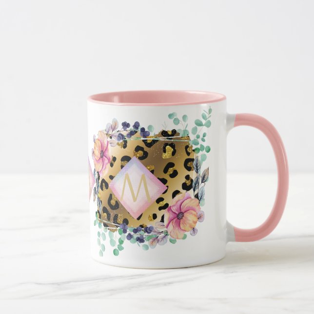 Söt Girly Leopard Print Guld Rosa Monogrammed Mugg (Höger)