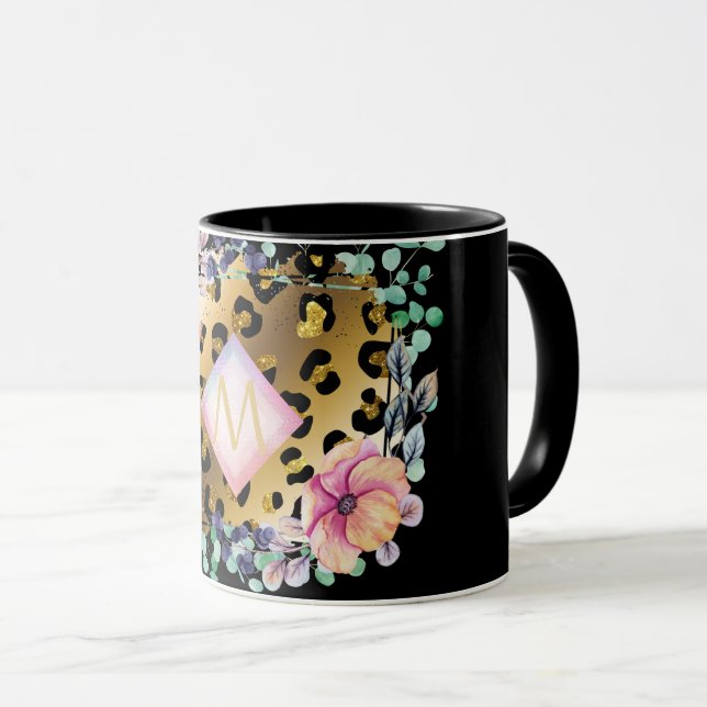 Söt Girly Leopard Print Guld Rosa Monogrammed Mugg (Framsida höger)