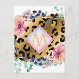 Söt Girly Leopard Print Guld Rosa Monogrammed Vykort
