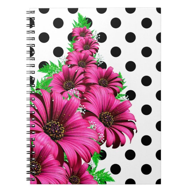 Söt Girly Rosa Flowers Polka Dot Anteckningsbok (Framsidan)