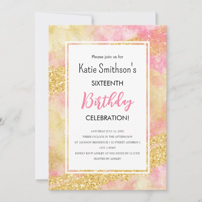 Söt Girly Rosa Guld Glitter födelsedag i Inbjudningar (Framsida)