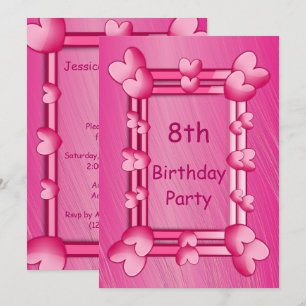 Söt Girly Rosa Hearts Framed 8th Birthday Inbjudningar