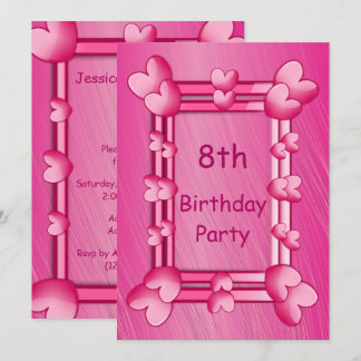 Söt Girly Rosa Hearts Framed 8th Birthday Inbjudningar