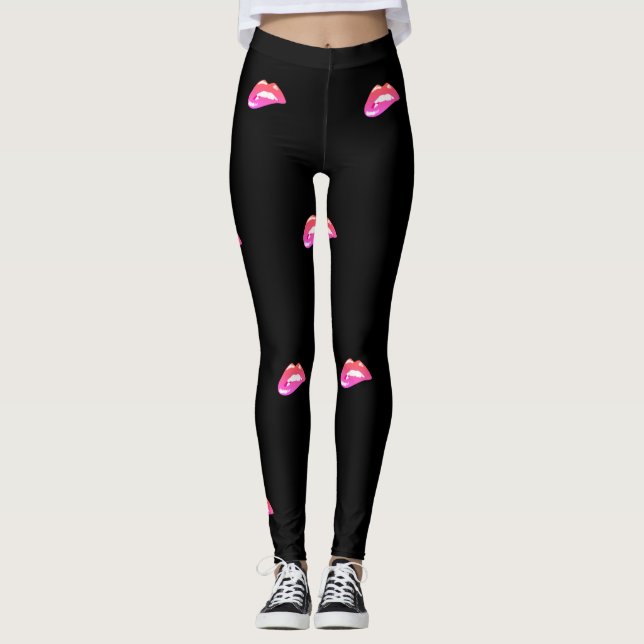 Söt Girly,Rosa Läppar,Svart Leggings (Framsida)