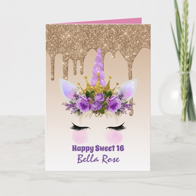 Söt Girly Sweet16 Glam Glitter Unicorn Ansikte Kort (Framsida)
