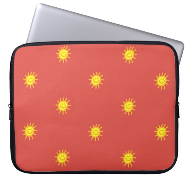 Söt Glad Ansikte Solsken Sol Mönster Röd Modern Laptop Fodral (Framsidan)