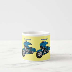 Söt glad blå motorcykel tecknad film espressomugg