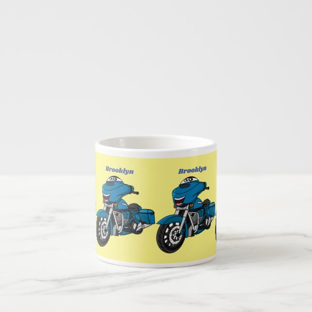 Söt glad blå motorcykel tecknad film espressomugg (Framsidan)