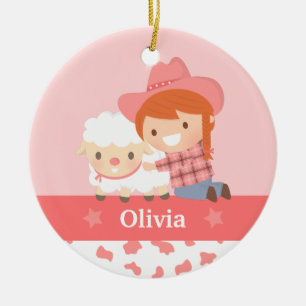 Söt Glad Cowgirl med Lammflicka Personlig Anpassni Julgransprydnad Keramik