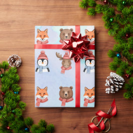 Söt Glad Djur Blå Akvarell Jul Presentpapper