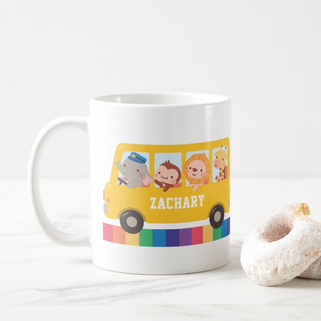 Söt Glad Djur och Gul Skolbuss Barn Mugg (Med munk)