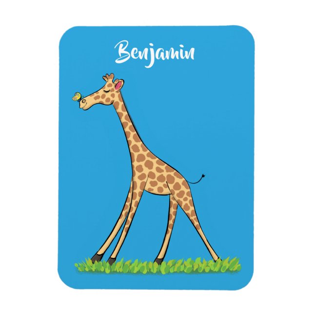 Söt glad giraff med fjäril seriefigur magnet (Vertikal)