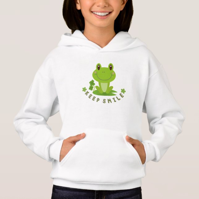 Söt Glad Groda Keep Smile Flickor Hoodie  T Shirt (Framsida)