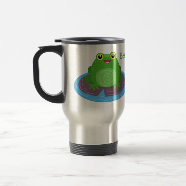 Söt glad grön groda tecknad illustration resemugg (Vänster)