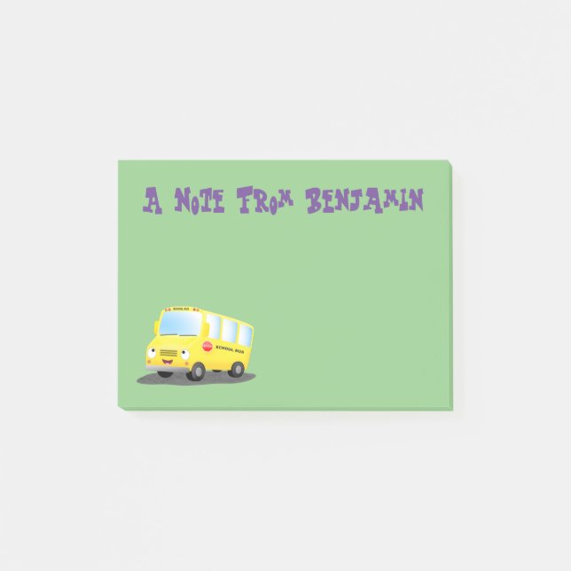 Söt glad gul skolbuss tecknad serie  post-it block (Framsida)