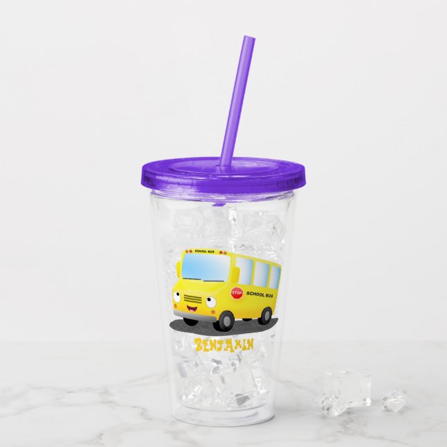 Söt glad gul skolbuss tecknad serie take away mugg (Baksida Ice)