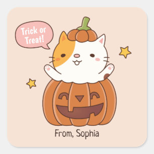 Söt Glad Halloween Katt I Skuren Pumpa Klistermärk Fyrkantigt Klistermärke