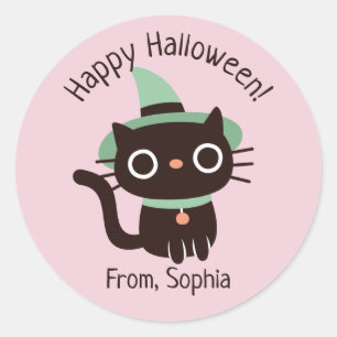 Söt Glad Halloween Svart Katt Häxa Hatt Klistermär Runt Klistermärke