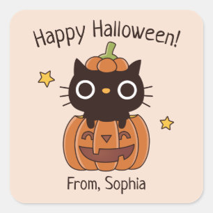 Söt Glad Halloween Svart Katt I Pumpa Klistermärke