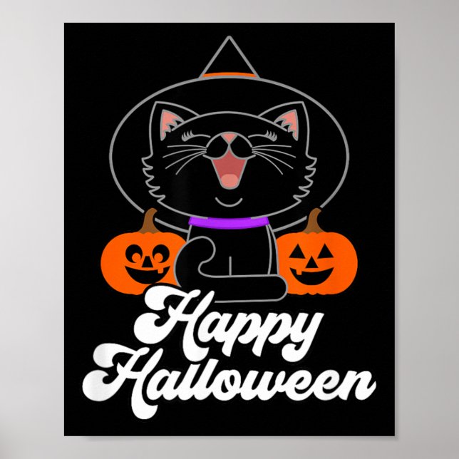 Söt Glad Halloween Svart Katt Poster (Framsidan)