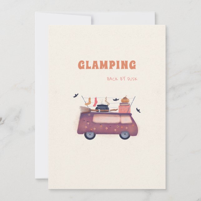 Söt Glad Häxa Glamping Pumpa Buss Halloween Julkort (Framsida)
