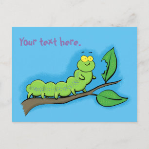 Söt glad hungrig grön larv tecknad film vykort
