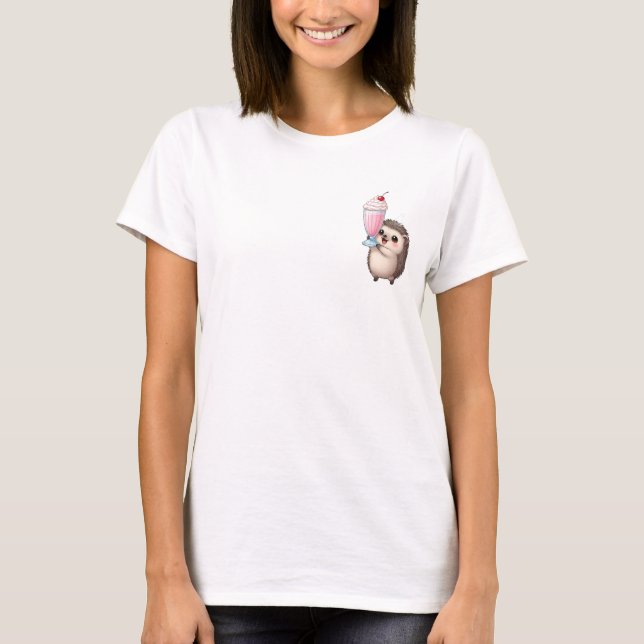 Söt Glad Igelkott som Håller Jordgubbsshake T Shirt (Framsida)