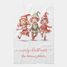 Söt glad jul 3 tomtar familjenamn kökshandduk