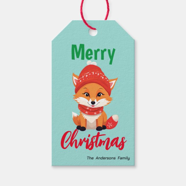 Söt glad jul Röd Räv Tomte Scarf julfirande  Presentetikett (Framsidan)