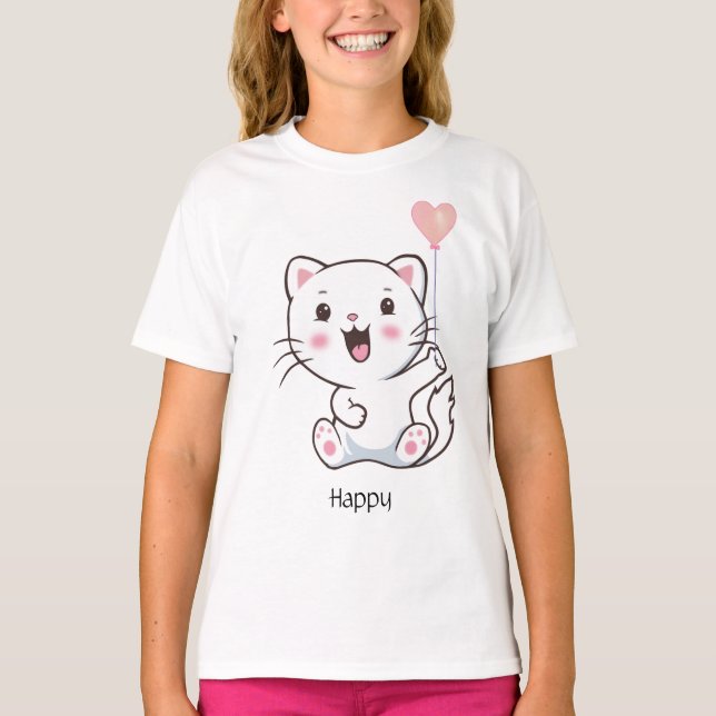Söt Glad Kitty Katt & Hjärteballong T-Shirt (Framsida)