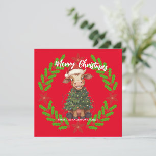 Söt glad ko julgran kalv oxe julmönster julkort