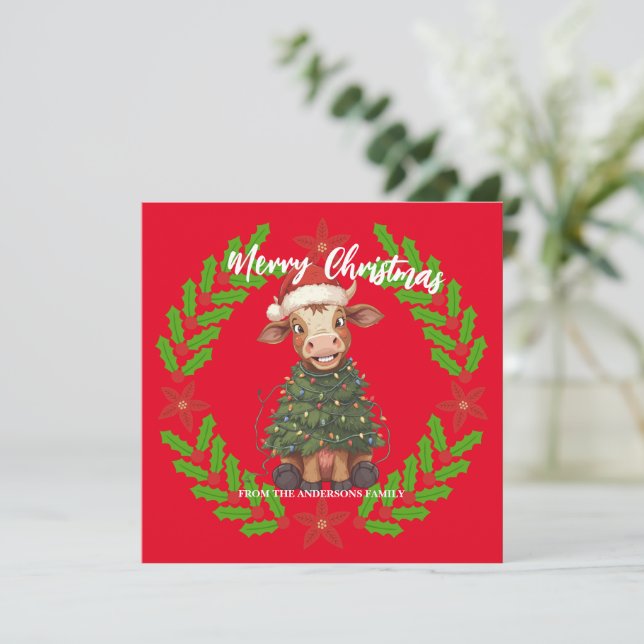 Söt glad ko julgran kalv oxe julmönster julkort (Stående Fram)