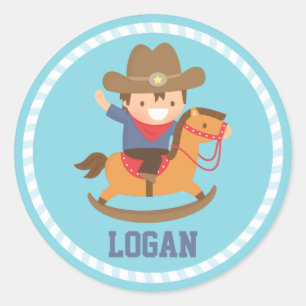 Söt Glad Liten Cowboy på Gunghäst Runt Klistermärke