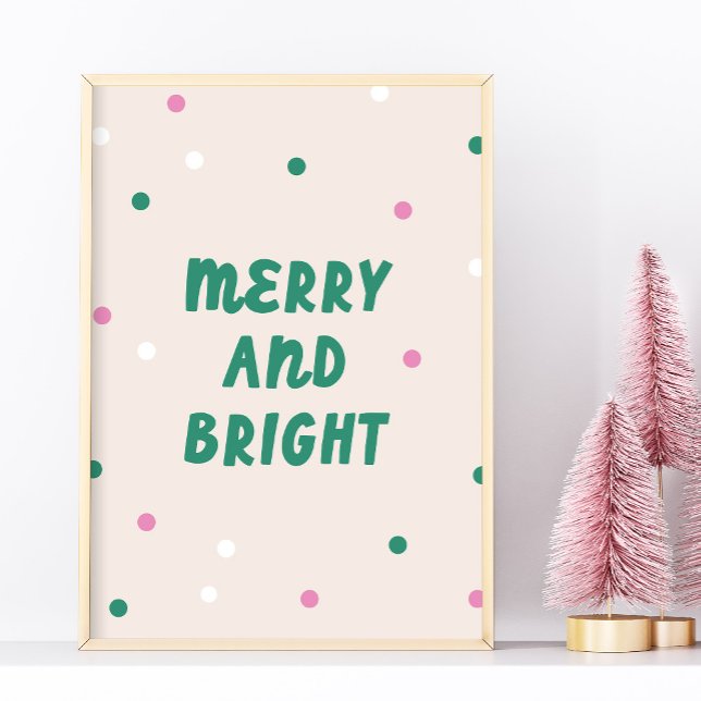 Söt Glad & Ljus Rosa Konfetti Semestervykort Poster (cute Merry & Bright Christmas wall art in green and pink)
