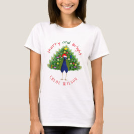 Söt Glad och Ljusstark Julgran Påfågel T Shirt