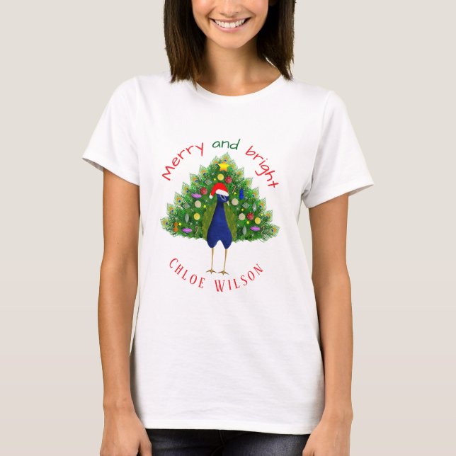 Söt Glad och Ljusstark Julgran Påfågel T Shirt (Framsida)