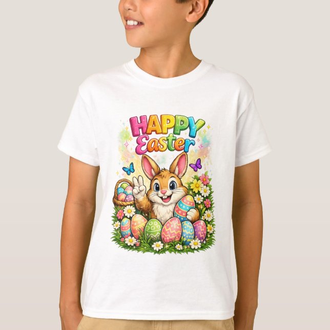 Söt Glad Påskharen Fredstecken Grafisk T-Shirt (Framsida)