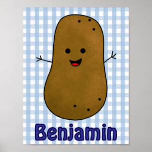 Söt Glad Potatis Blå Gingham Anpassad Poster