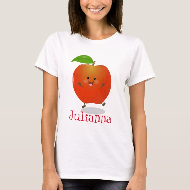 Söt glad röd äpple serieteckning illustration t shirt (Framsida)