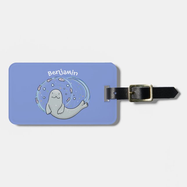 Söt glad säl och fisk blå tecknad illustration bagagebricka (Horisontell Framsida)