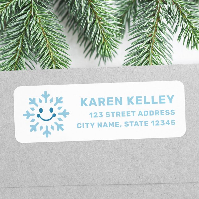 Söt glad snöflinga blå vit returadress etikett (Cute happy snowflake blue white return address label)