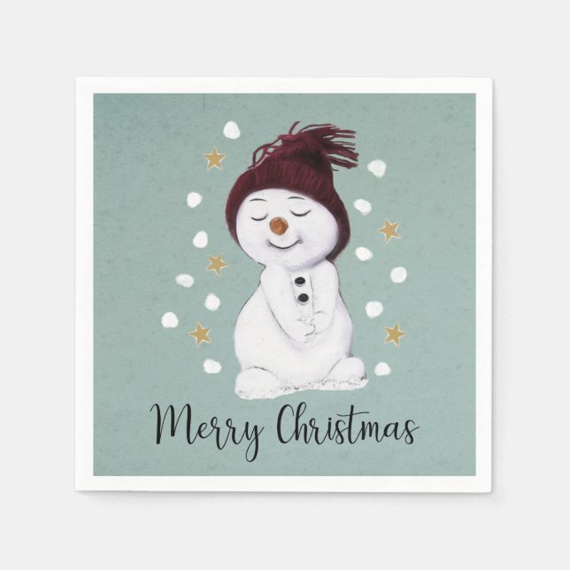 Söt Glad Snöman Vinter Blå Jul Pappersservett (Framsidan)