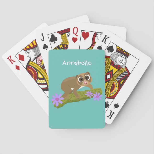 Söt glad trögt loris på gren tecknad film casinokort (Baksidan)