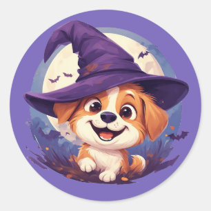 Söt Glad Valp Häxhatt Halloween Hund Dekoration Runt Klistermärke