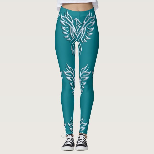 Söt Glasblått metallutseende Phoenix på Teal Leggings (Framsida)