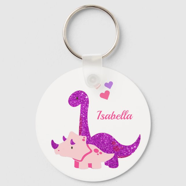 Söt glitter-dinosaur lila personlig  nyckelring (Framsida)