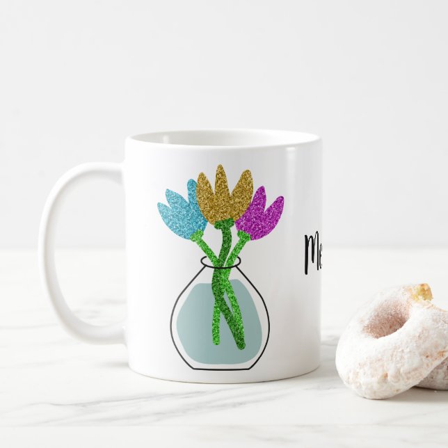 Söt Glitter Flowers Personlig Kaffemugg (Med munk)