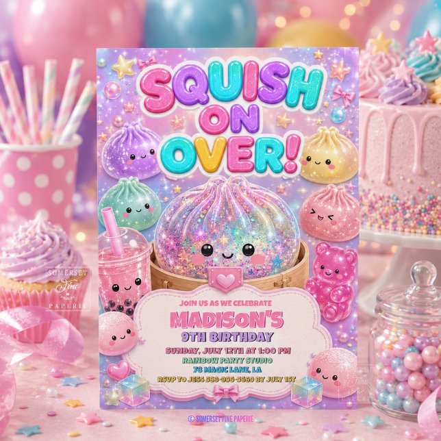 Söt Glitter Mat Squishies Födelsedagsfest Inbjudningar (Cute Glitter Dumpling Squishies Birthday Party Invitation )