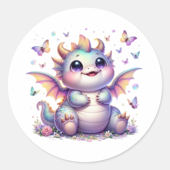 söt glitterdrake baby runt klistermärke (Framsida)