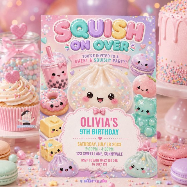 Söt Glittrig Dumplings Bao Squishy Födelsedagsfest Inbjudningar (Cute Glitter Dumpling Bao Squishy Party Birthday Invitation )